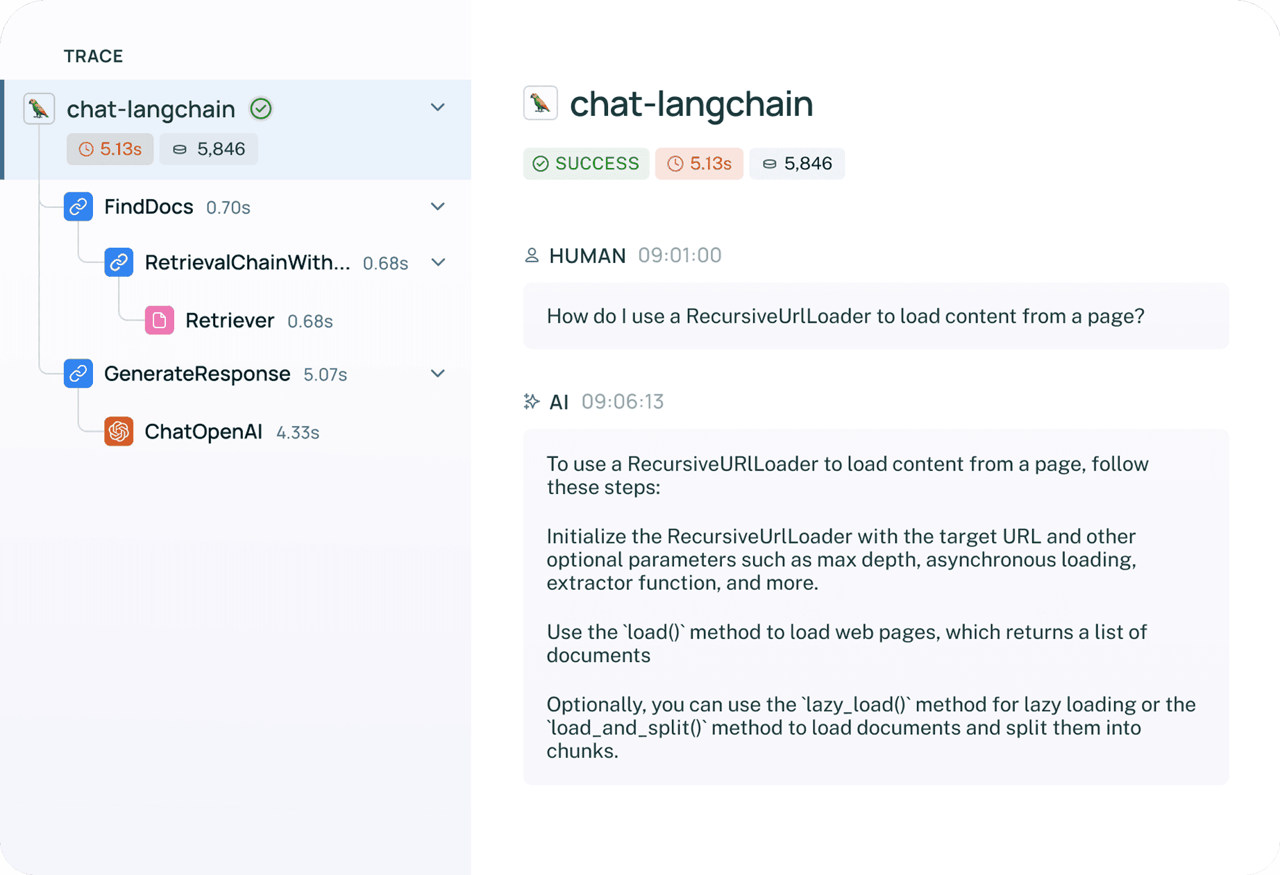 LangSmith trace UI showing an agent's execution flow.